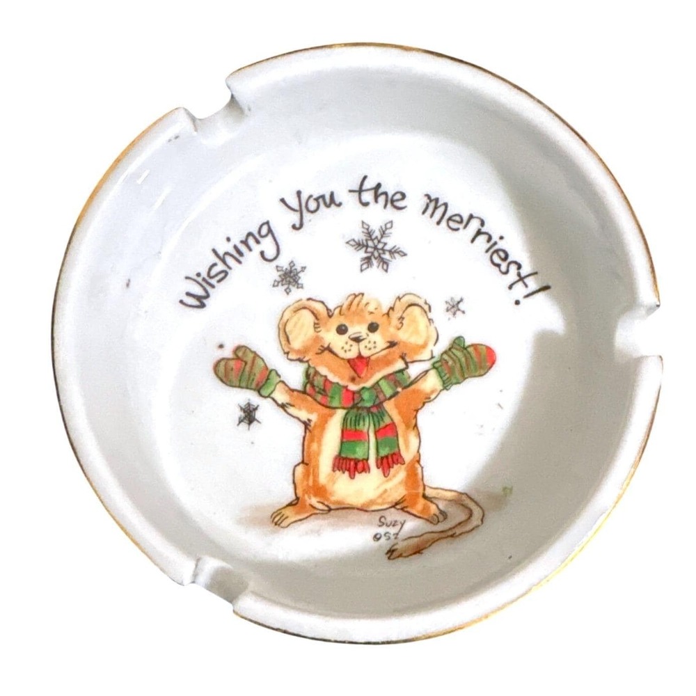 Vintage Enesco Suzy Zoo 1976 Christmas Mouse Ashtray Ceramic